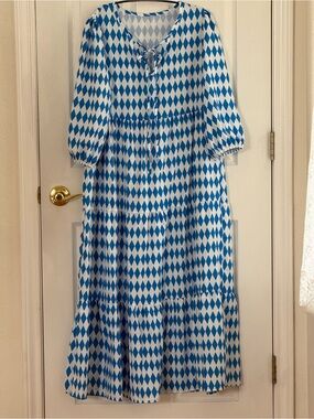 Blue and White Diamond Print Maxi Dress NWOT size S